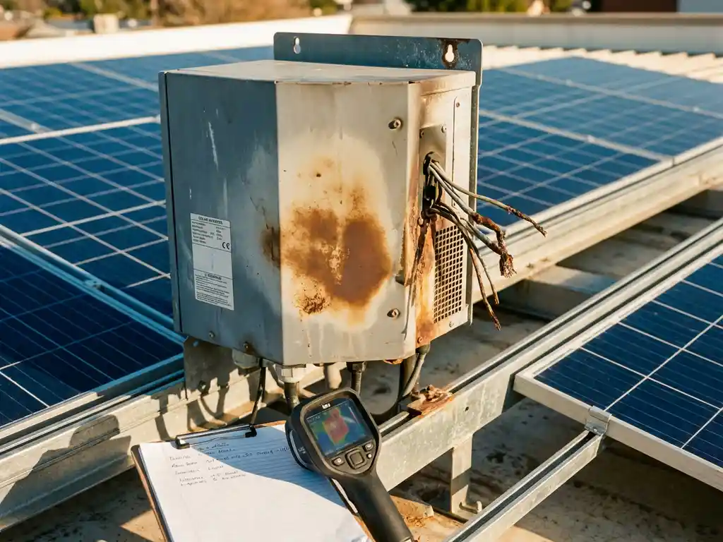 Beschadigde zonne-omvormer met verkleuring door hitte en corrosie op het dak naast blauwe zonnepanelen, inspectiegereedschap in de buurt