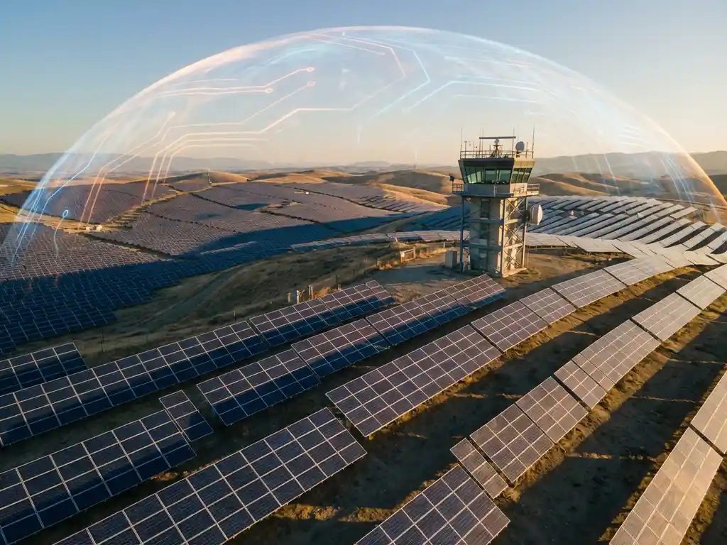 Enorme zonnepaneleninstallatie over glooiende heuvels, beschermd door een glinsterende digitale schildbarrière met gloeiende circuitpatronen en een controlekamer.