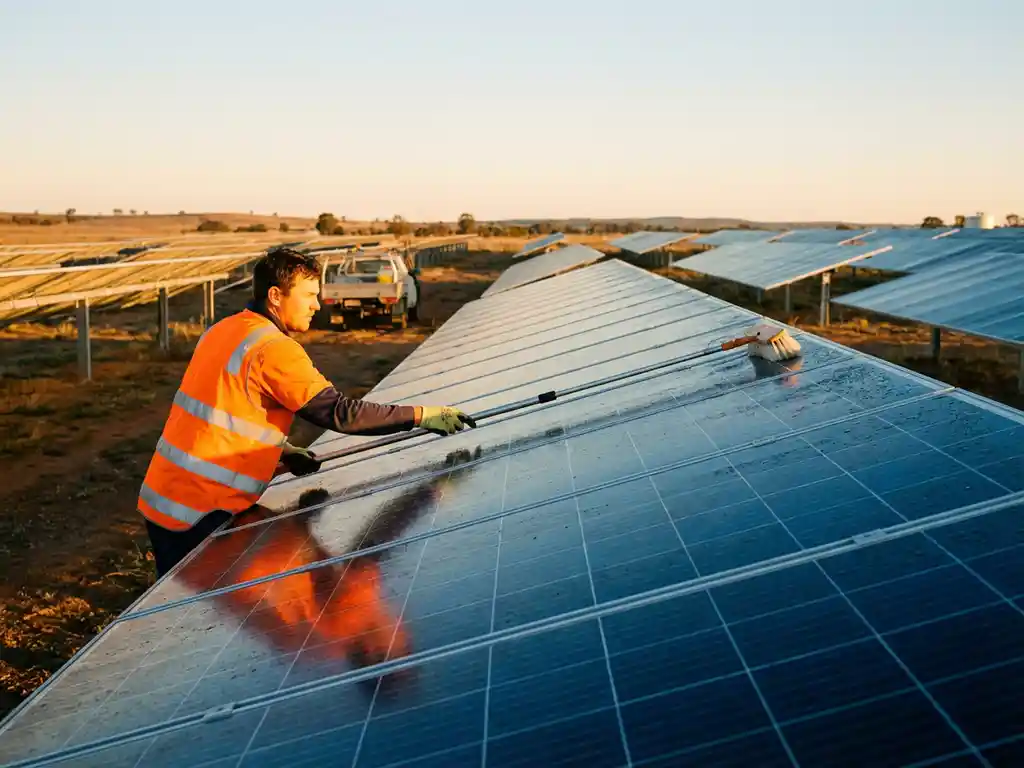 Solar technician in high-visibility vest cleaning blue photovoltaic panels with soft brush at sunrise in expansive solar farm