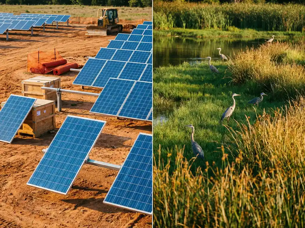 Abandoned solar panel construction site with blue panels on red earth next to pristine wetland where herons wade through marsh grasses
