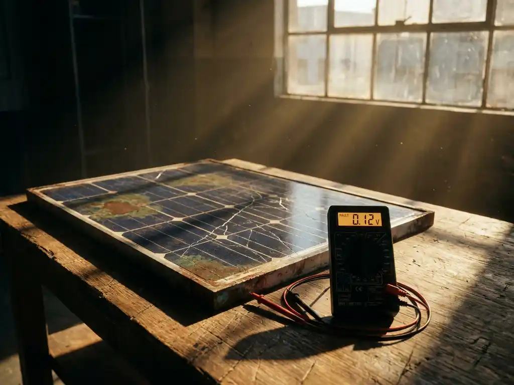 Verweerd zonnepaneel met corrosievlekken en microscheurtjes op houten inspectietafel naast digitale multimeter met waarschuwingsmeldingen
