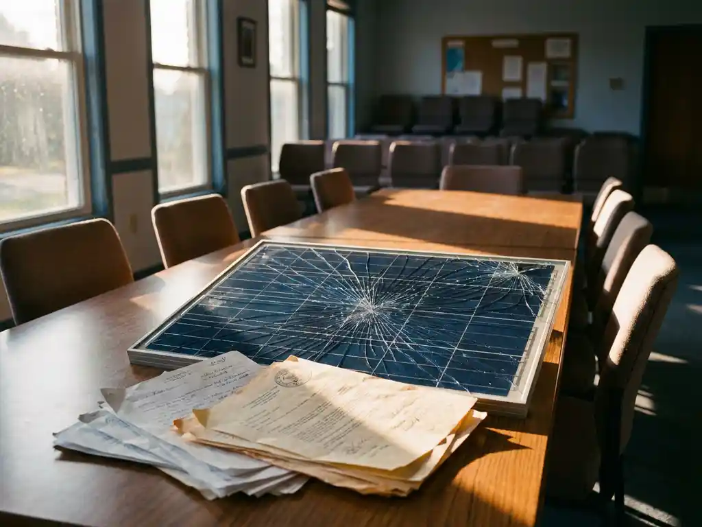 Cracked solar panel resting on scattered legal documents across wooden conference table in empty community meeting room