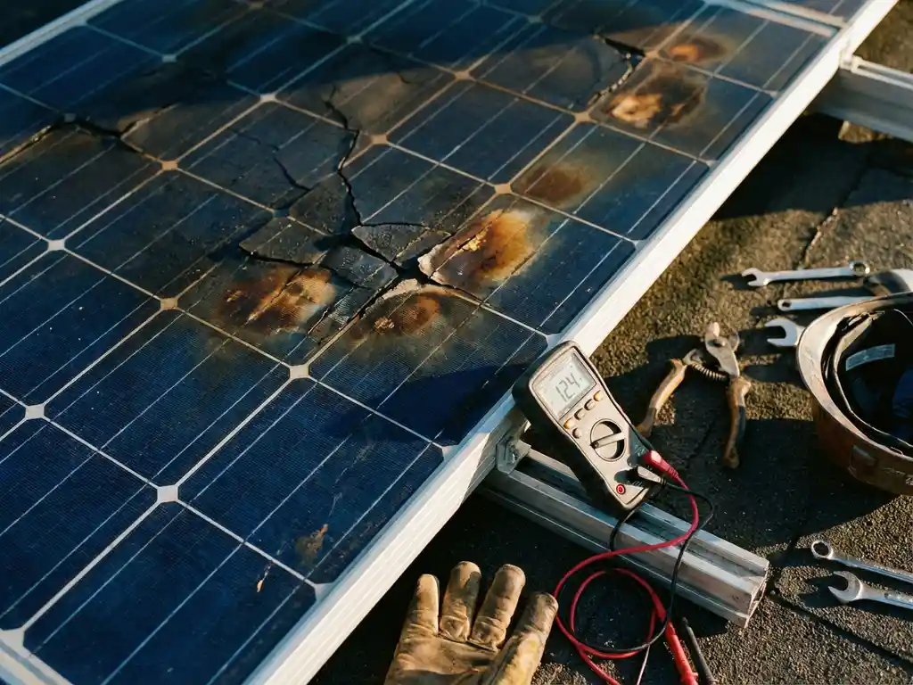 Beschadigd zonnepaneel met brandplekken en verkleurde cellen dat wordt getest met een elektrische multimeter op een dakinstallatie