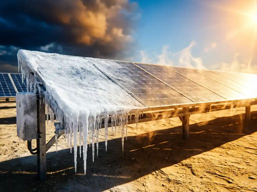 Solar panel installation with frost and ice crystals on left side, intense desert sun with heat shimmer on right, dramatic sky