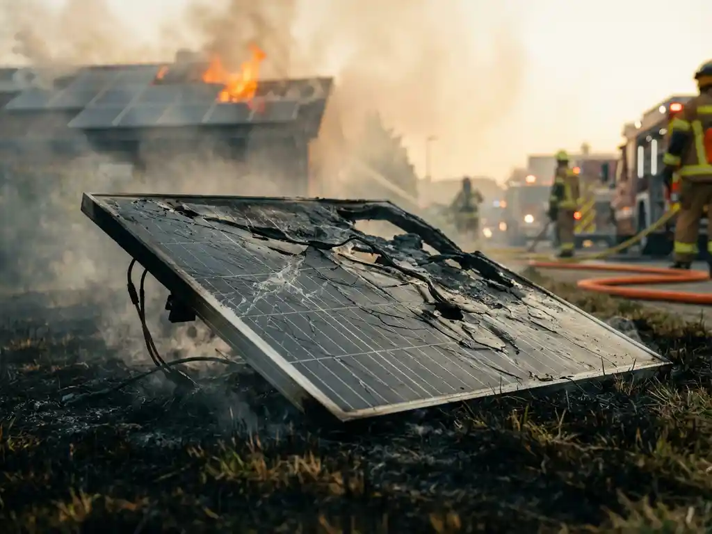 Charred solar panel with melted components on scorched grass, orange flames and fire department equipment visible in background