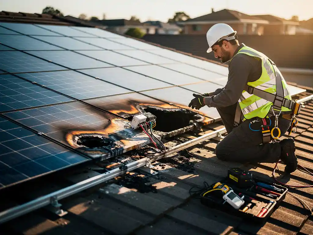 Zonnepaneleninstallatie op een residentieel dak met brandplekken en hitteschade rond de elektrische aansluitingen en inspectieapparatuur in de buurt