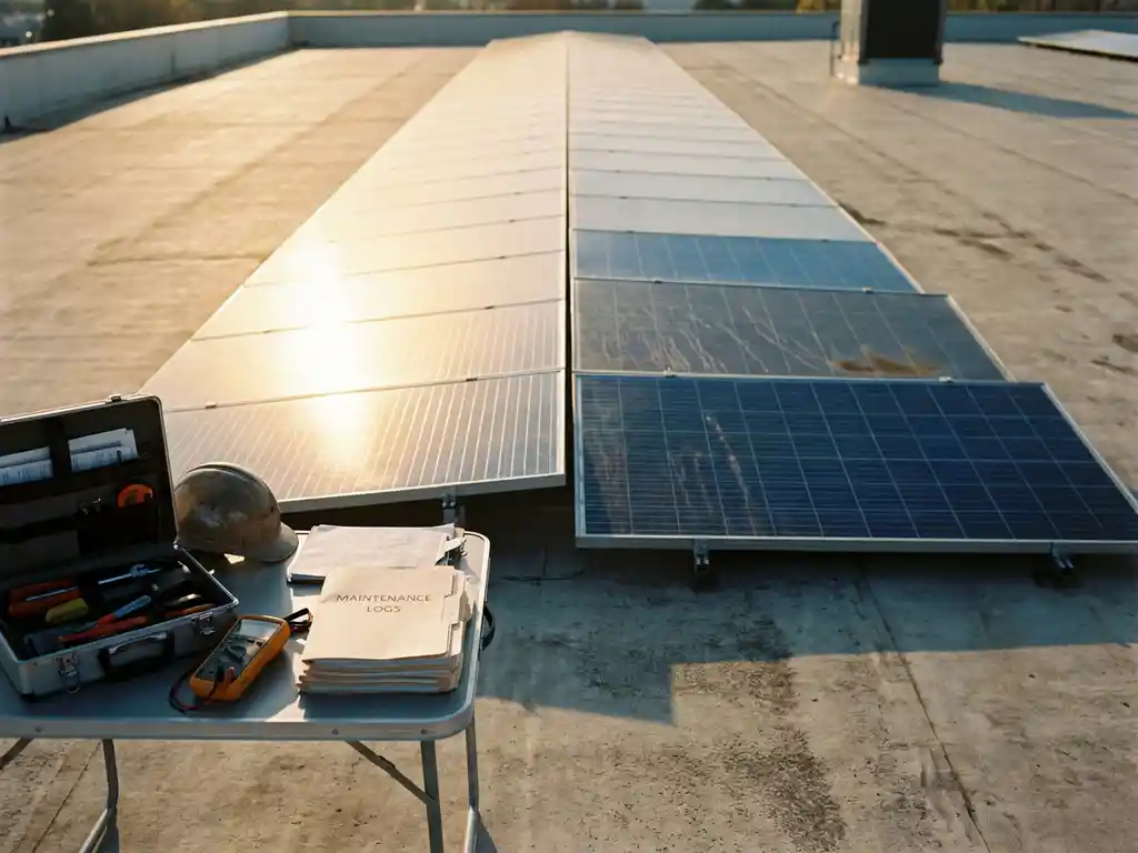 Solar panels on commercial rooftop with inspection equipment and documentation, showing both pristine and weathered sections under bright sunlight.