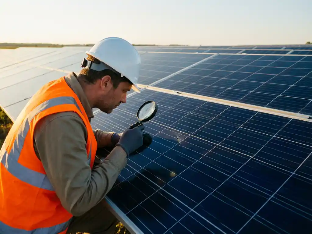 Inspecteur in oranje veiligheidsvest onderzoekt zonnepaneel met vergrootglas op moderne zonnecentrale onder blauwe hemel