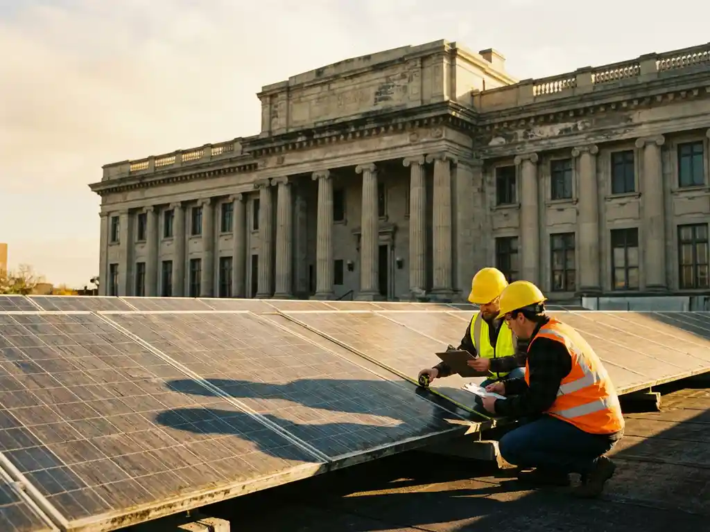 Inspectors in safety vests examine solar panels with measuring tools in front of classical government building with columns