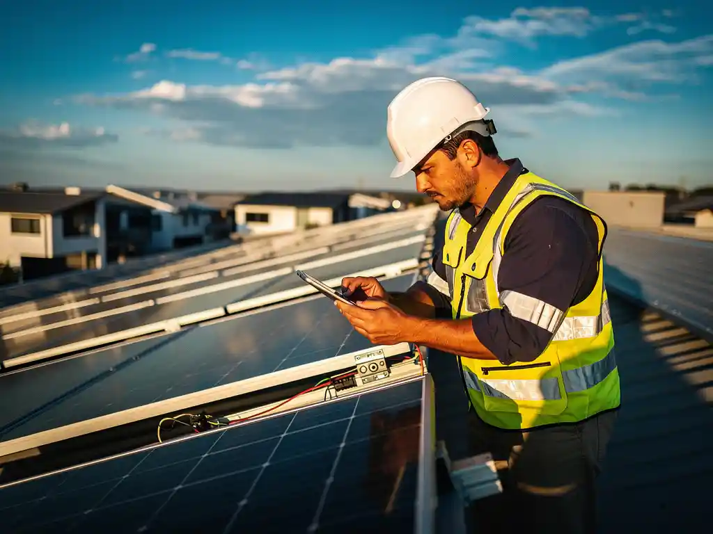 Professionele inspecteur in een reflecterend veiligheidsvest die zonnepanelen op een residentieel dak inspecteert, met een digitale tablet in de hand terwijl hij montagebeugels en elektrische aansluitingen controleert