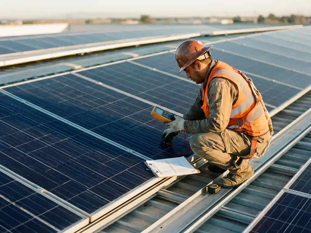 Solar inspector in high-visibility vest examining photovoltaic panel with digital device on rooftop installation