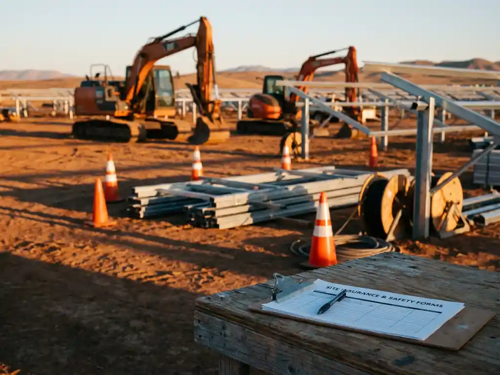 Solar panel installation site at golden hour with idle construction equipment, orange safety cones, and insurance documents on wooden table