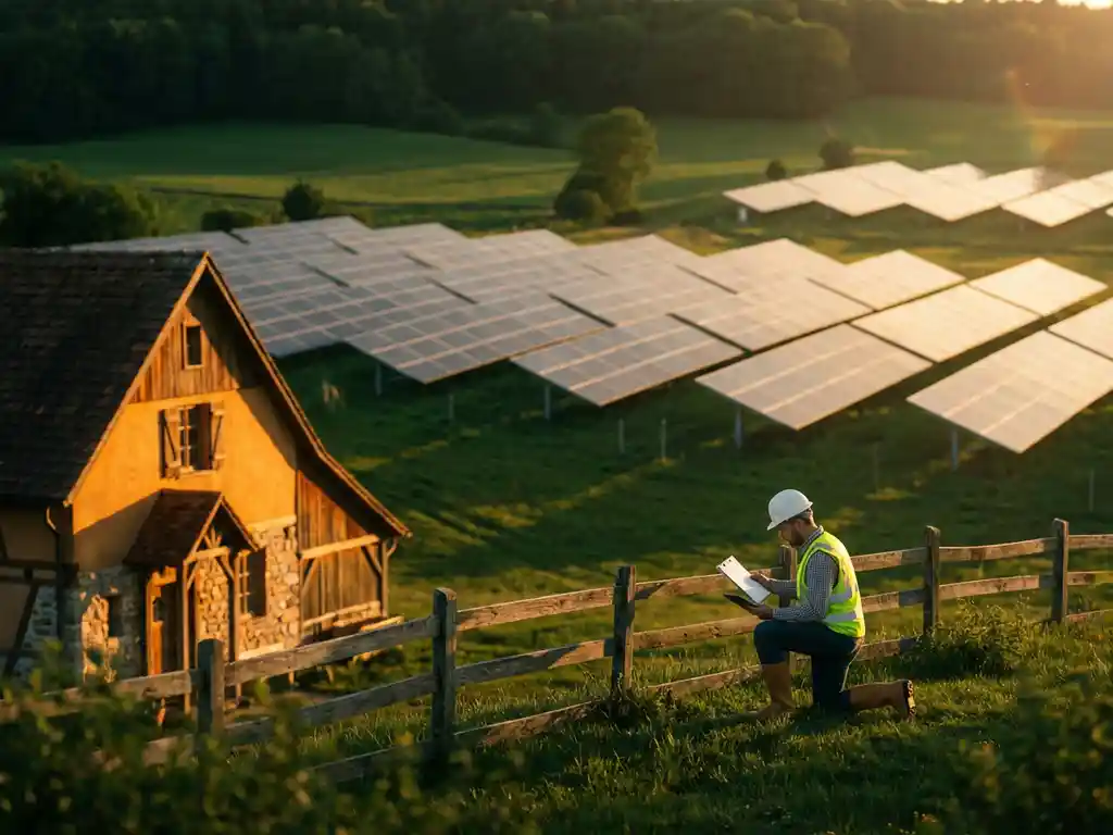 Solar panel installation across rolling farmland with traditional farmhouse, inspector in safety gear reviewing documents during golden hour