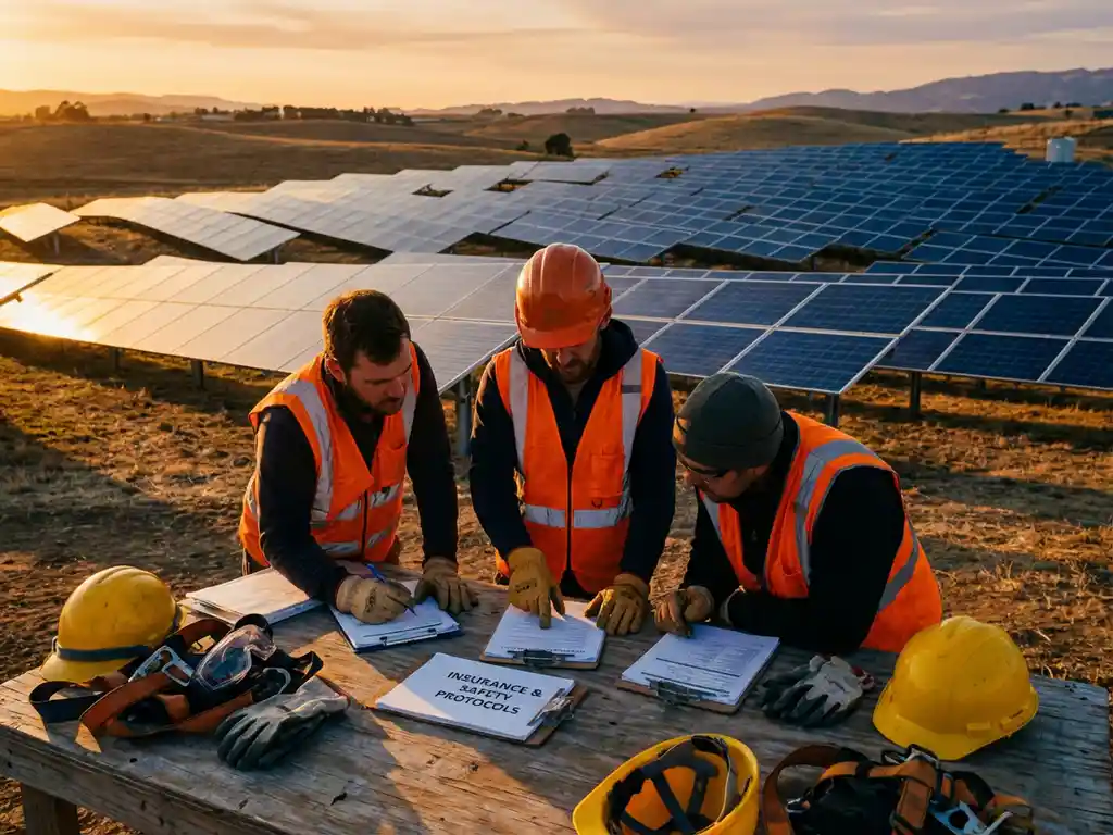Workers in safety vests review insurance documents at solar panel installation site with protective gear on wooden table