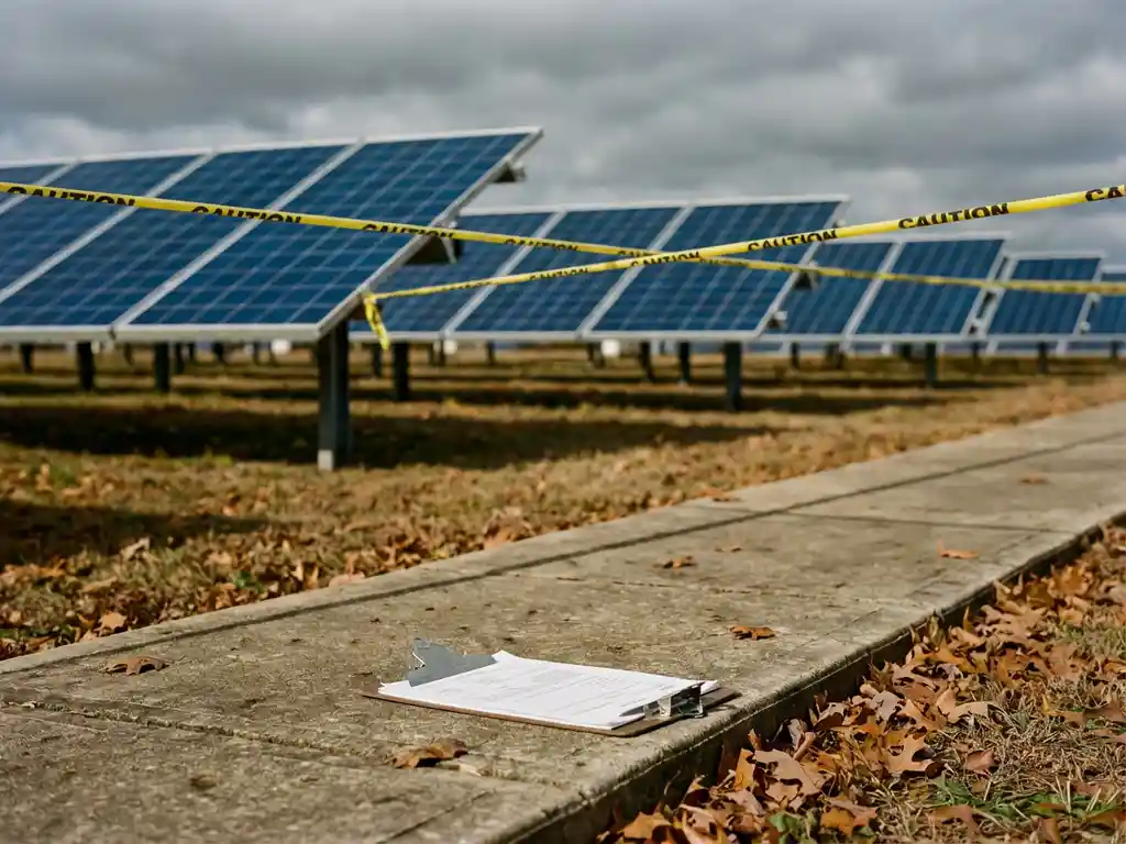 Solar panel installation site blocked by yellow caution tape with inspection clipboard on concrete and scattered autumn leaves