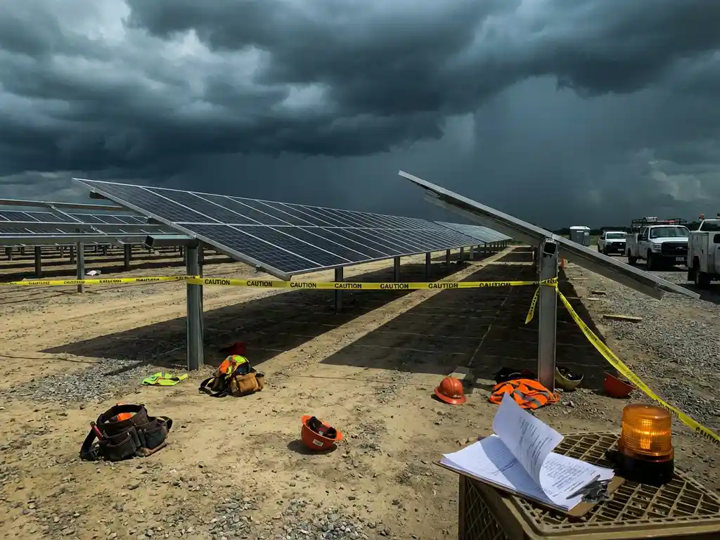 Montageframes voor zonnepanelen omwikkeld met geel waarschuwingslint onder donkere onweerswolken met verspreide veiligheidshelmen en door de wind meegevoerde documenten