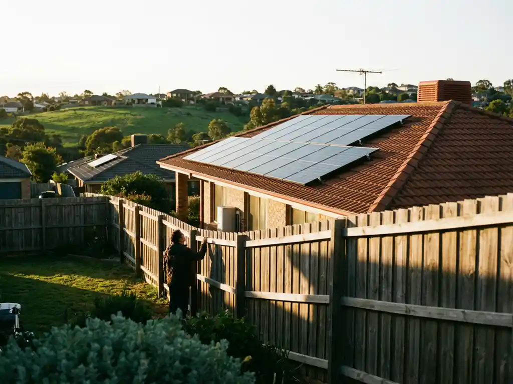 Zonnepanelen op een dak in een buitenwijk met het silhouet van een huiseigenaar die vanuit een aangrenzende tuin toekijkt, een houten schutting en glooiende heuvels zichtbaar