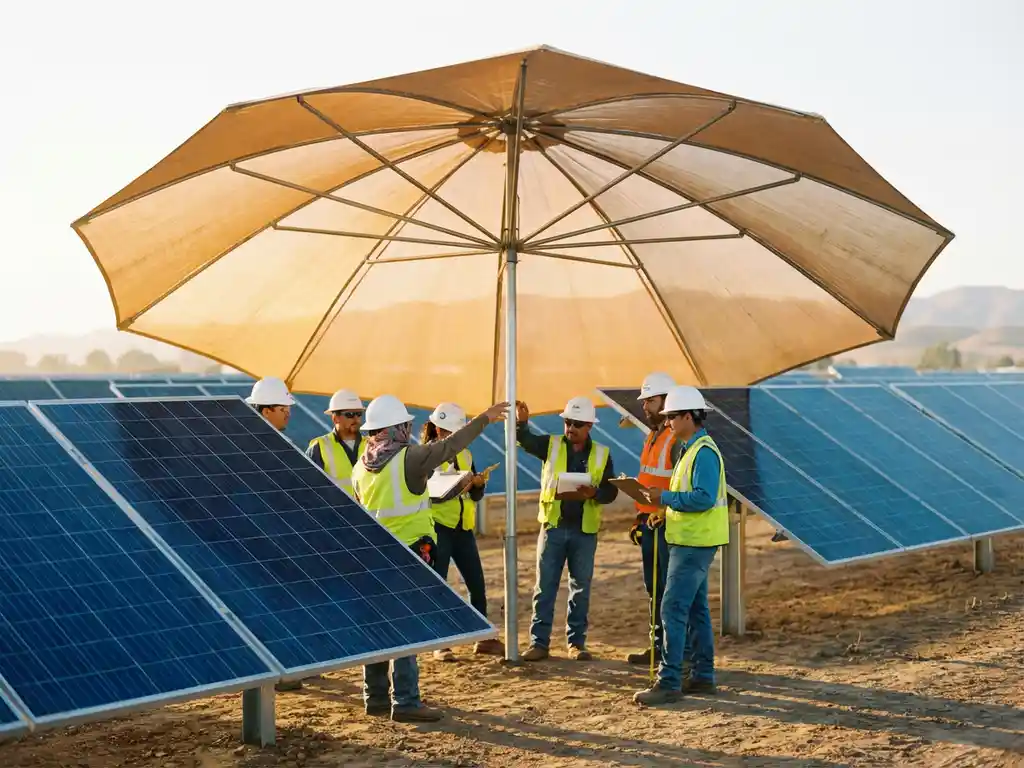 Workers in safety gear inspect blue solar panels under large protective umbrella at installation site during golden hour