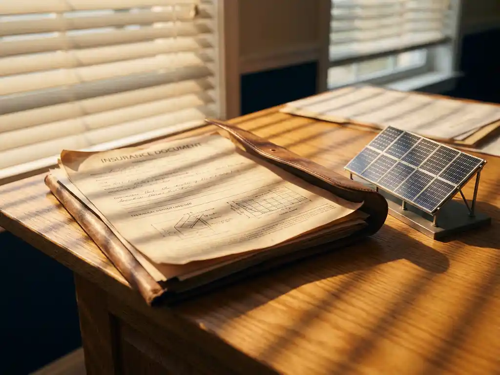 Open insurance document folder with solar panel model on oak desk, technical inspection reports visible in golden afternoon light