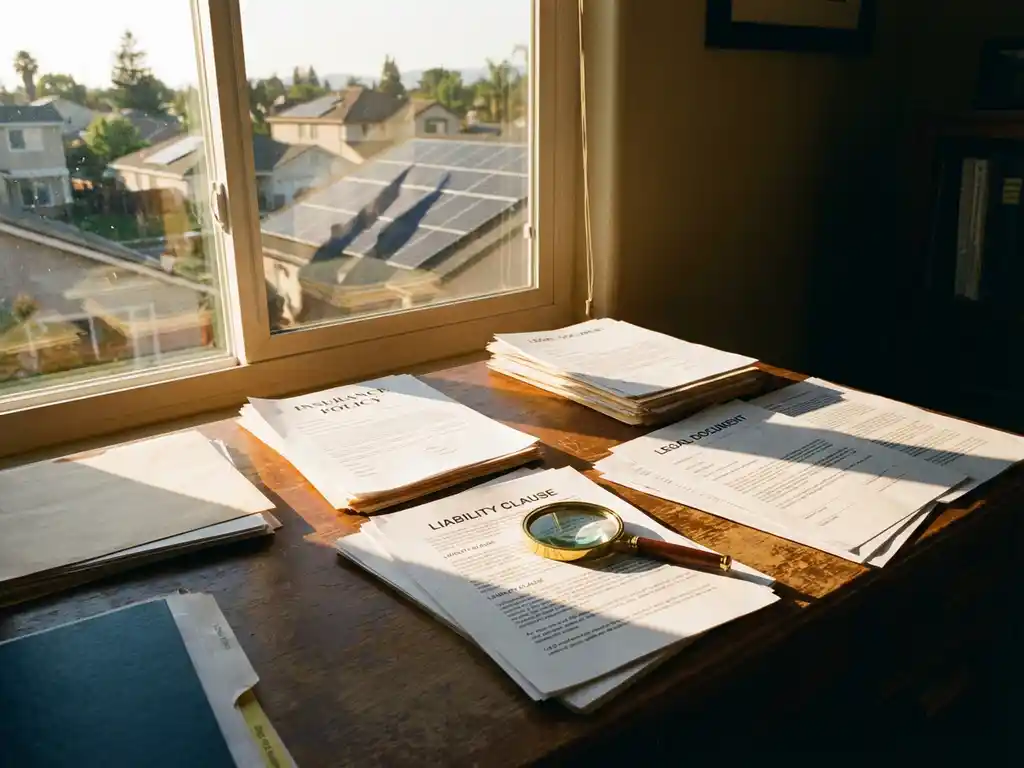 Zonnepanelen die schaduwen werpen over woonhuizen met verzekeringspapieren en een vergrootglas op een houten bureau op de voorgrond