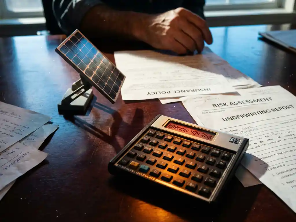 Financiële rekenmachine met rode waarschuwingscijfers op een mahoniehouten bureau naast een miniatuur model van een zonnepaneel en verspreide verzekeringspapieren