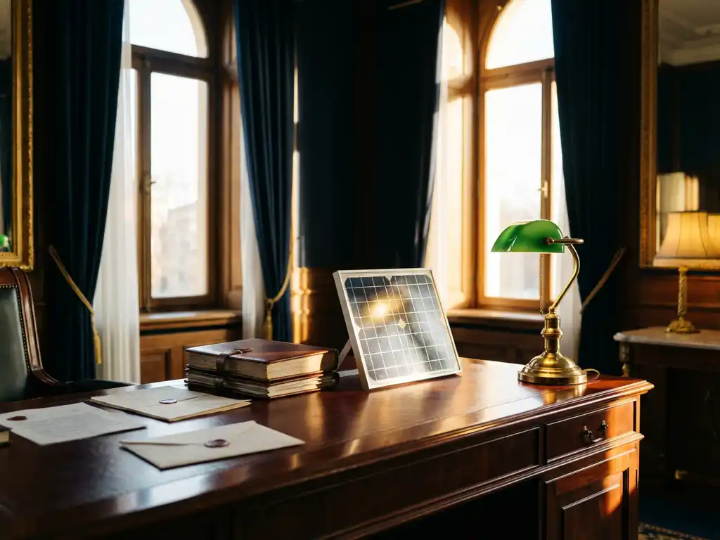 Zonnepaneelmodel op mahoniehouten bureau met financiële documenten en messing bankierslamp, gouden zonlicht dat door kantoorramen schijnt