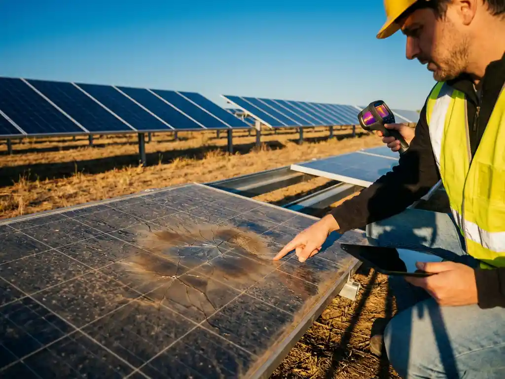 Inspector in high-visibility vest examining weathered solar panel with cracks while newer panels extend across solar farm under blue sky