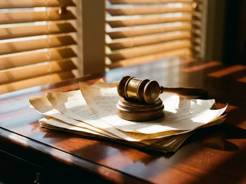 Weathered legal gavel on scattered solar panel warranty documents and utility contracts on mahogany desk with dramatic lighting