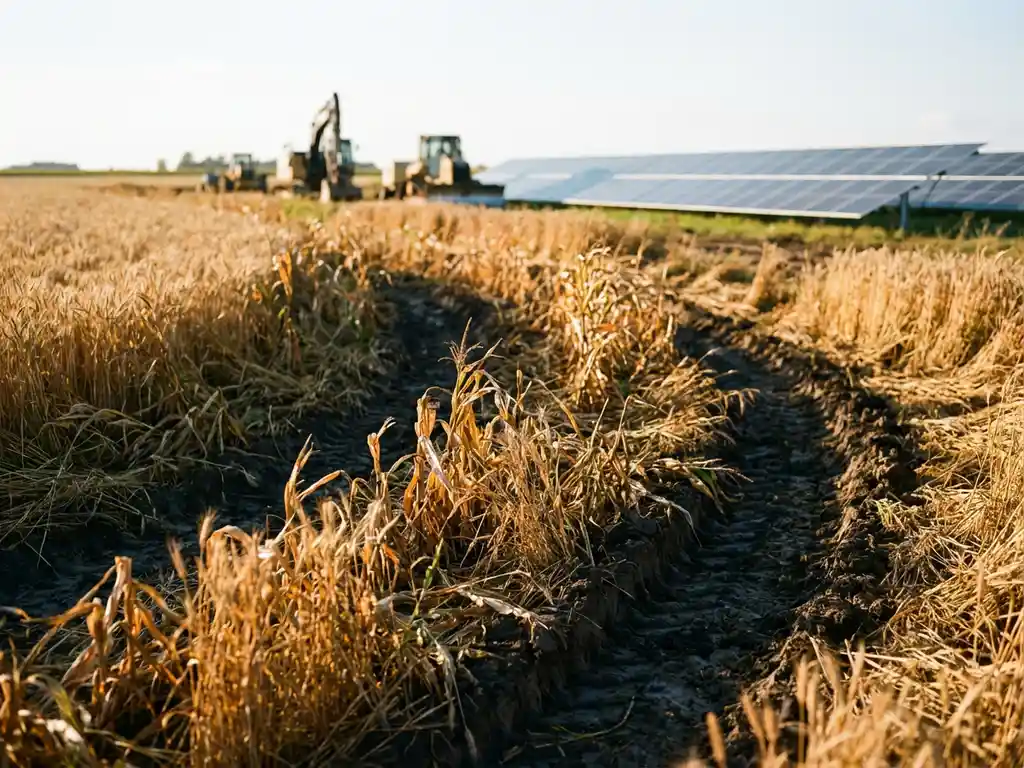 Damaged cornfield with tire tracks cutting through golden wheat stalks, construction equipment and solar panels visible in background