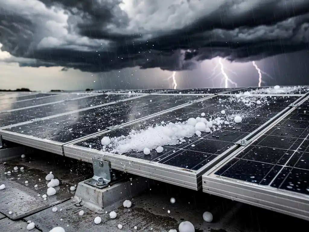 Zonnepanelen op een dak tijdens een intense hagelstorm met grote witte hagelstenen die inslaan op beschermende glazen oppervlakken onder dramatische stormwolken