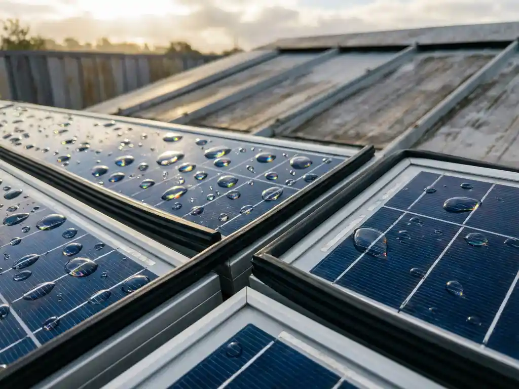Zonnepanelen met waterdruppels die regenbogen creëren in het ochtendlicht, waarbij beschermende rubberen afdichtingen en details van de waterdichtheid op een moderne dakinstallatie worden getoond.
