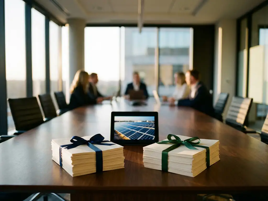 Conference table with blue and green ribbon-bound documents beside tablet displaying solar panel arrays, natural light streaming through windows