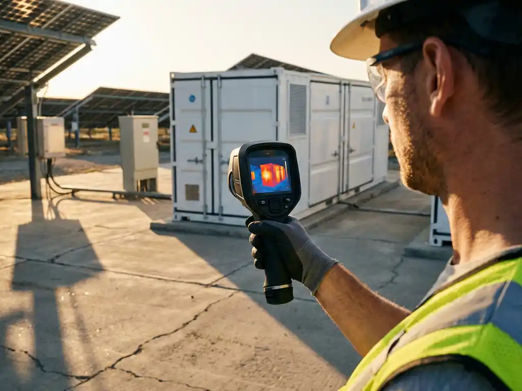 Technicus gebruikt thermische camera om warmtekenmerken te monitoren op witte batterijopslagcontainers bij zonne-installatie