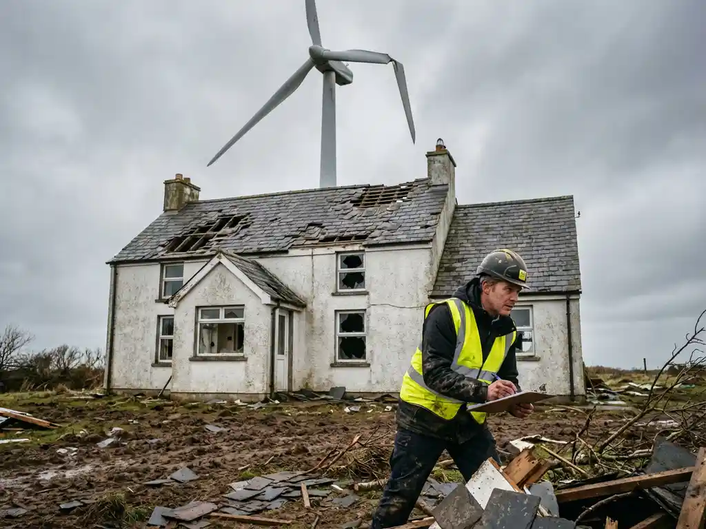 Verzekeringsinspecteur in een gele veiligheidshes inspecteert een wit boerenhuis met stormschade, gebroken dak en ramen, nabij een verbogen windmolenwiek onder een grijze, stormachtige hemel.