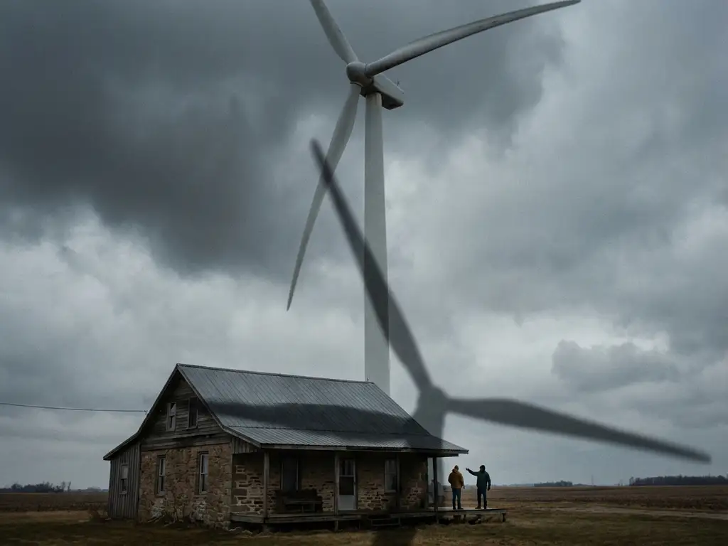 Massive white wind turbine towers over rural farmhouse with concerned homeowners on porch under stormy gray sky